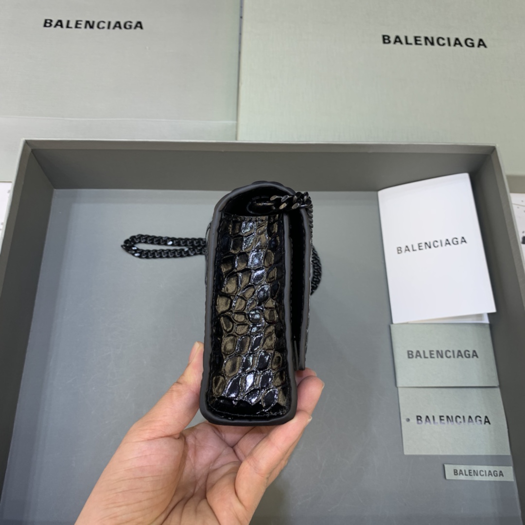 Balenciaga Small Hourglass Wallet With Chain Crocodile Embossed Shoulder Bag Black